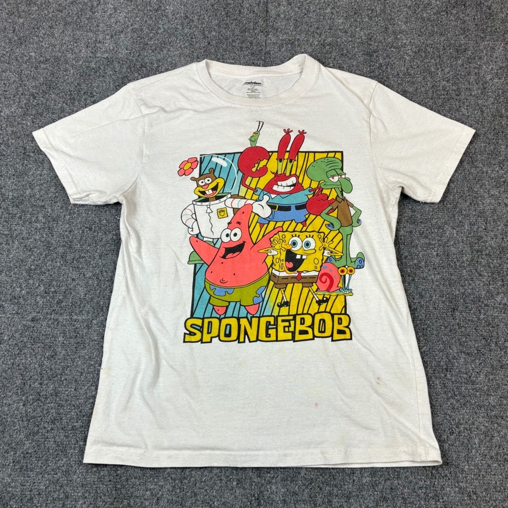 VTG Retro Nickelodeon Spongebob Squarepants Cast Graphic Shirt White Mens Medium